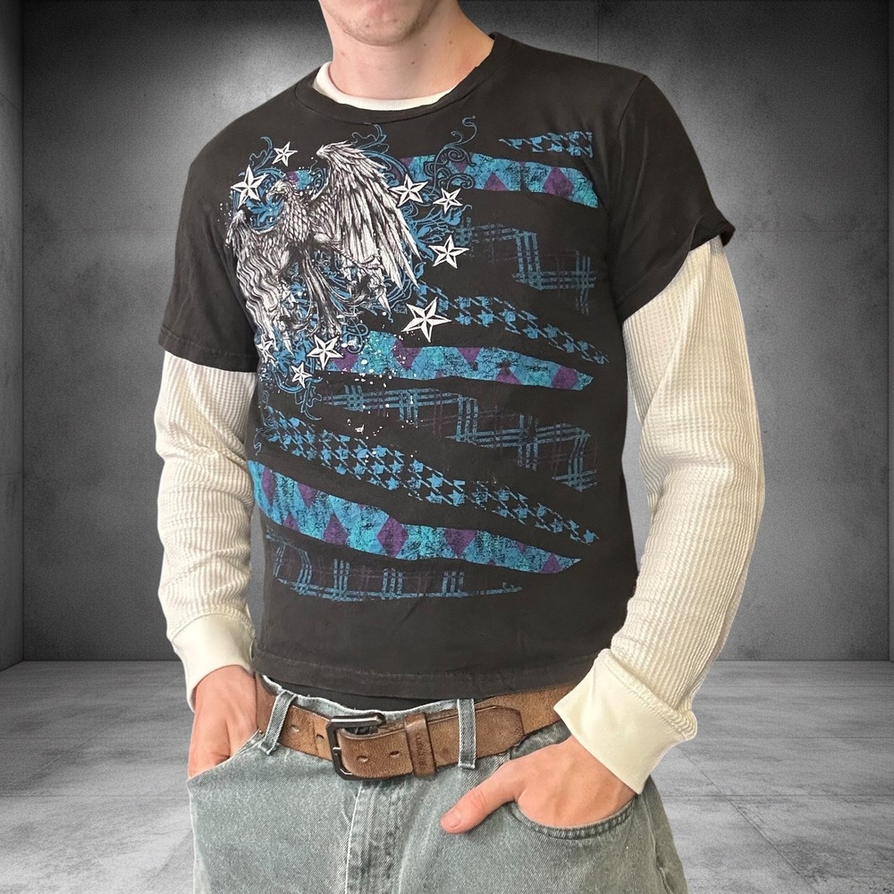 Hybrid Tees Mens Small Black Eagle Graphic T-Shirt Y2K Skater Grunge Teal Purple